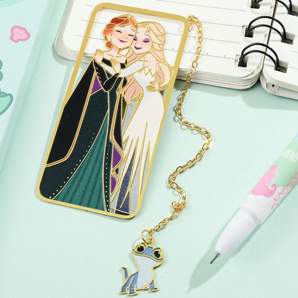 🆕 Frozen Elsa Anna Metal Bookmark Book Chain Gold